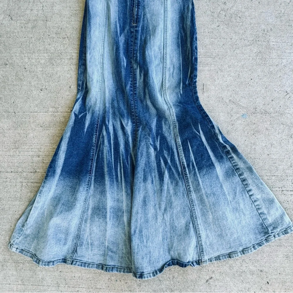 AKIRA Long Sexy Strapless Stone Washed Mermaid Denim Dress w/ Front Slit 0/XS - Picture 6 of 6